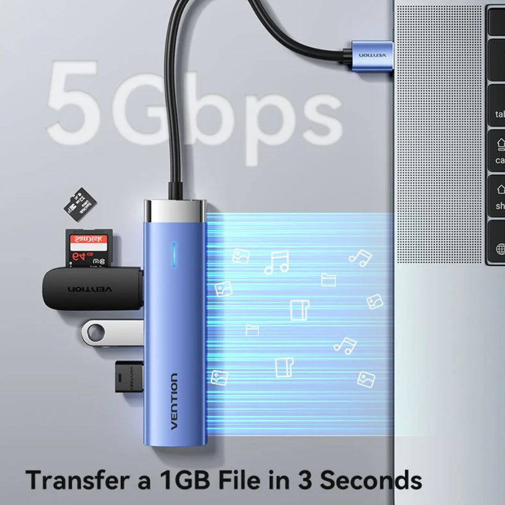 Vention 5-in-1 USB 3.0 Hub with RJ45 Gigabit Ethernet, Type C Power Supply Port, and Supports Windows Linux MacOS Android for Desktop Computer Laptop Mobile Phone iPad Keyboard Mouse Card Reader Flash Drive Portable HDD / SSD