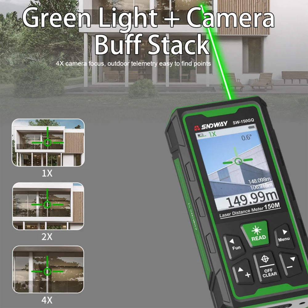 SNDWAY SW-150GQ Outdoor Green Beam Laser Distance Meter Digital Rangefinder with 3MP Camera, 150m Max Distance, IP68 Water and Dust Resistant, 2000mAh Rechargeable Battery, 90° Electronic Level Angle Sensor for Length Area Volume