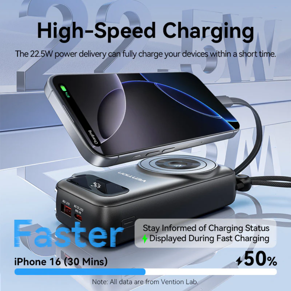 Vention 10000mAh Power Bank 15W Magnetic Wireless Charging Built-in USB-C and iPh Cable includes EU/US/UK AC Convertible Adapters with Airline-Approved for Travel
