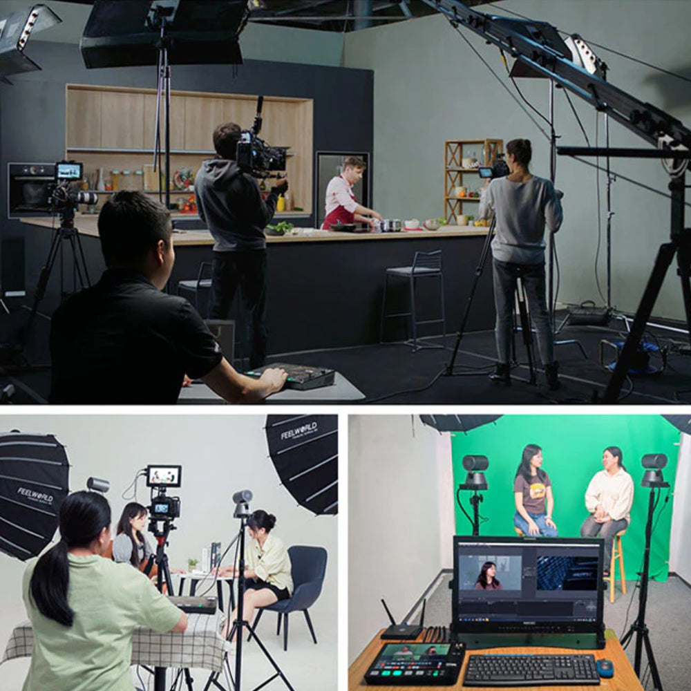 Feelworld L4 10.1" Touch Screen Display 5-Channel Inputs Multi-Format Video Mixer & Switcher HD Multi-Camera Video Live Streaming Device with HDMI, 3G SDI, USB-A, USB 3.0, RJ45 LAN, 3.5mm AUX Ports