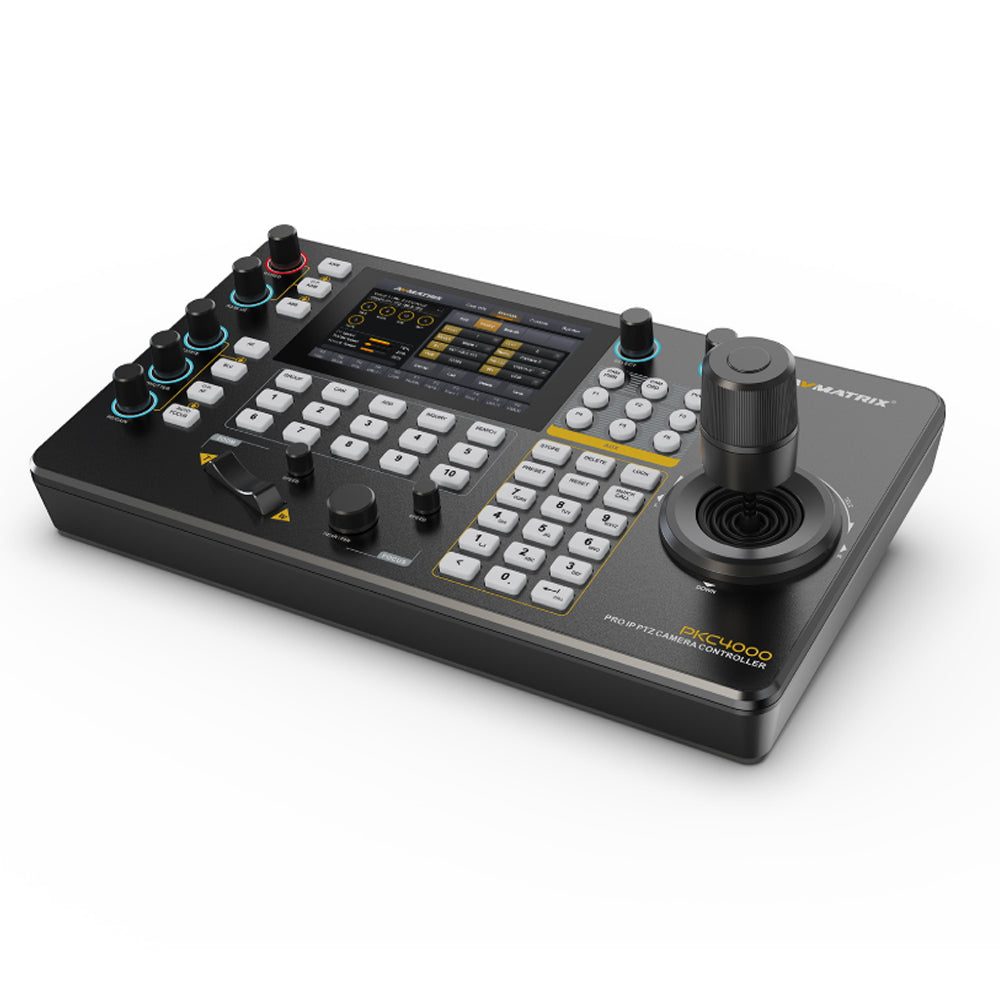 AVMatrix PKC4000-NDI IP Serial PTZ Camera Joystick Controller 5" Touchscreen Display, IP / 4S-422 / RS-485 / RS-232 Controls, Max 100 Camera Input and 255 Presets, Track Record + Playback, VISCA VISCA-IP ONVIF PELCO P&D Protocols