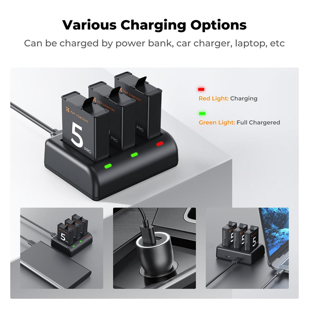 K&F Concept 3-Pack DJI Osmo Action 5 Pro / 4 / 3 Camera Battery & Triple-Slot Charger Kit with 2100mAh Capacity, LED Light Indicator, USB-C Charging Cable & Port
