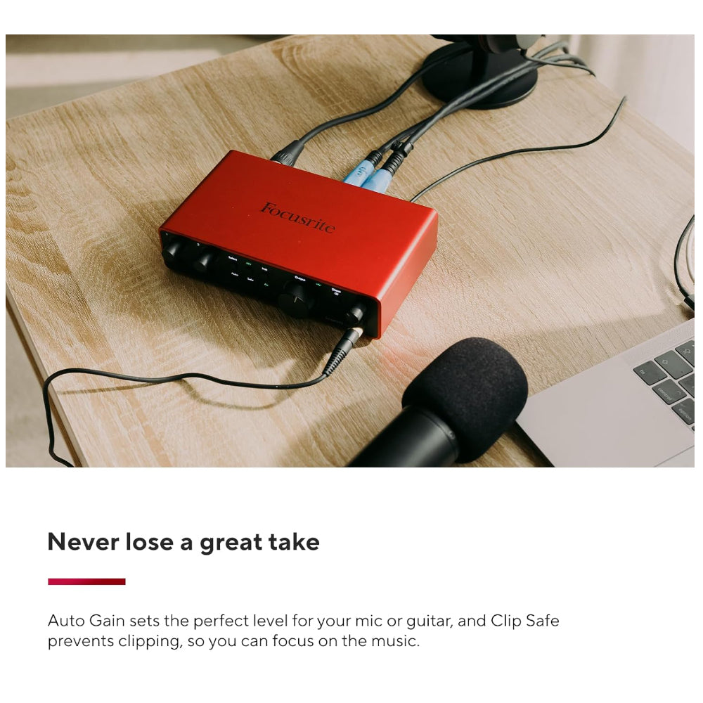 Focusrite Scarlett 2i2 4th Generation 2 In / 2 Out USB Type-C Audio Interface with XLR Mic Preamps, Headphone, 1/4" Line & Hi-Z Inputs with Auto Gain, Clip Safe, Air Mode Function, Virtual Loopback and Software Expansion Bundle
