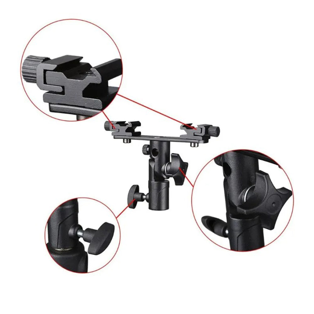 Pxel Quad / Dual Light Stand Bracket with Umbrella Reflector Holder, 1/4 & 3/8 Inches Cold Shoe with 180° Vertical Adjustment & Adjustable Hot Shoe Mount for Camera Flash Speedlite, Studio Lights & Photography Accessories | LS12 LS13
