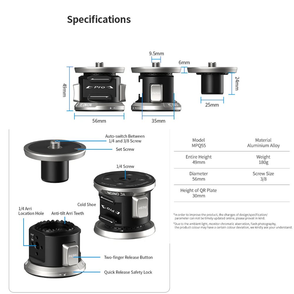 YC ONION MPQ55 Aluminum Quick Release Knob for Pineta Pro Monopod QR Plate with 1/4" ARRI Locating Hole, QR Dual Release Button, Cold Shoe Mount, Safety Lock & 1/4 - 3/8" Screw, Tripod Heads, Clamps & Mounting Systems