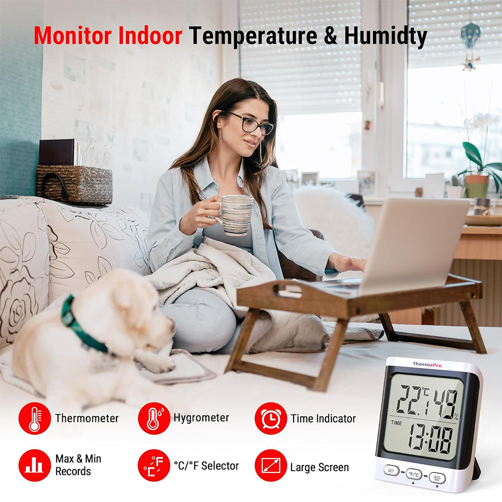 ThermoPro TP152 Indoor Hygrometer & Thermometer with Clock, Accurate Temperature & Humidity Monitor, Large LCD Display, Max/Min Records, for Living Room, Kitchen, Home, Office, Greenhouse, Baby Room and Wine Cellar