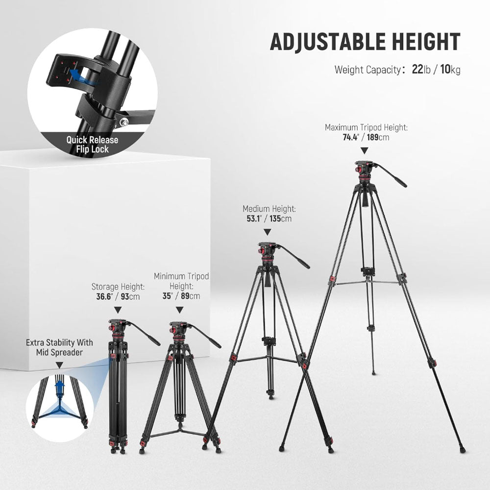 Neewer GM88 74" Pro Video Tripod with 360° Pan&-75°/+90° Tilt Head Quick Release Plate and 189cm Max. Height,10kg Max. Load Capacity for DSLR, SLR, Mirrorless, Movie, Cinema Camera