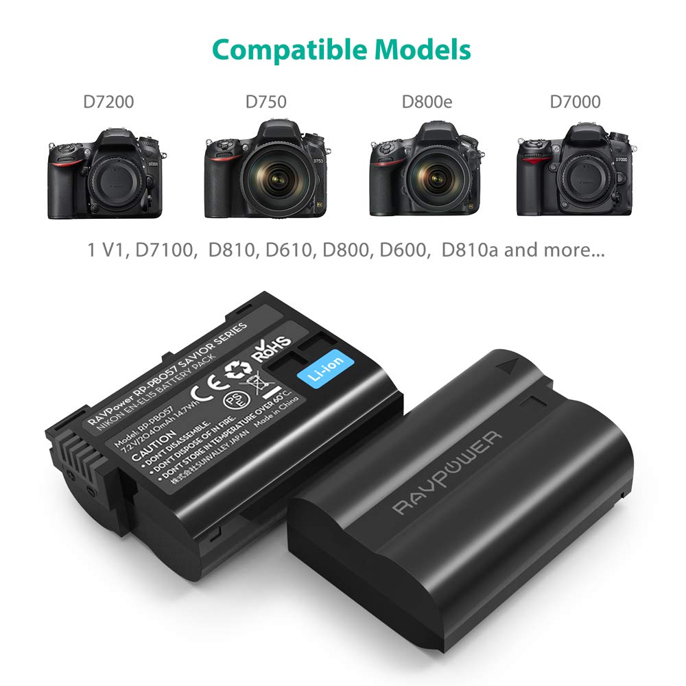 RAVPower EN-EL15 EN EL15a Battery Charger and 2-Pack Rechargeable Li-ion Batteries for Nikon d750, d7200, d7500, d850, d610, d500, MH-25a, d7200, z6, d810 Batteries (2-Pack, Micro USB Port, 2040mAh)