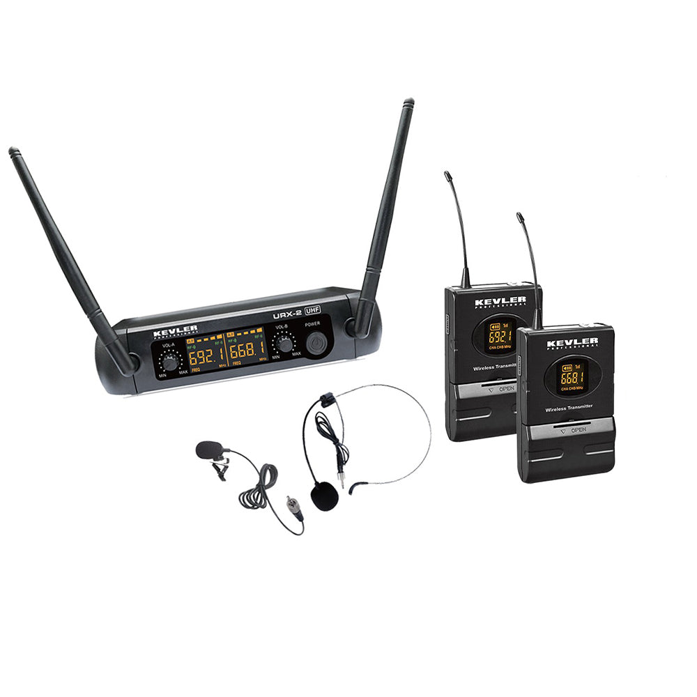 KEVLER URX-2 Series Dual UHF Beltpack Lapel / Handheld Wireless Microphone with Anten Receiver, Digital LCD Display and Low Battery Indicator, Selectable Frequencies and Max 30M Sigl Range | URX-2B, URX-2H