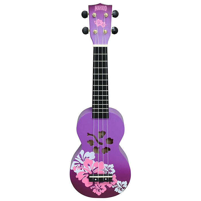 Mahalo Hawaii Hibiscus Flower Series Soprano Acoustic Ukulele 4 String Guitar Gold-Plated with 12 Frets, NuBone XB (Purple Burst)