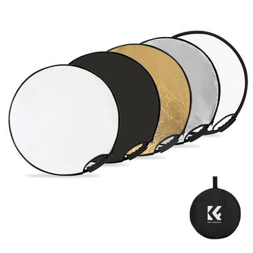 K&F Concept 110cm / 80cm / 60cm / 56cm 5-in-1 Collapsible Photography Circular Reflector with White Translucent Soft Light and Silver, Black, Gold Sided Panel for Portable Outdoor and Indoor Digital Camera Photo Shoot