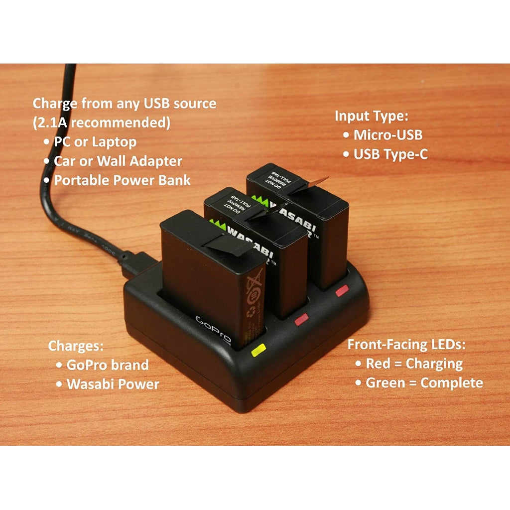 Wasabi Rechargeable Power Battery (2-Pack) and Triple Charger for GoPro HERO5, HERO6, HERO7, HERO (Black)