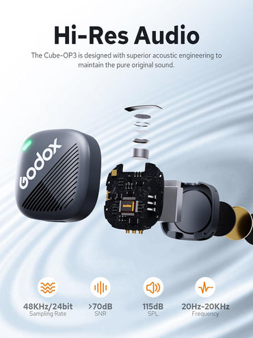 Godox CUBE-OP3 2.4GHz (TX + RX) Wireless Microphone System for DJI OSMO Pocket 3 Cinema Action Camera w/ Auto Level Controls, Dual Mode Noise Reduction, 200m Max Range, 10 Hours Battery Life, Fast Charging USB C Port for Content Creators Vlog Vlogging