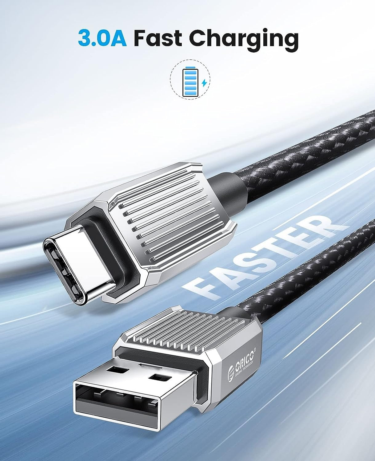 ORICO GQZ15 (1m ) USB-A to USB Type C Fast Charging Data Cable 5V/3A 15W, 480Mbps Transmission Rate, Nylon-Braided Zinc Alloy for Type C Port Devices, Smartphones, Android, Tablet