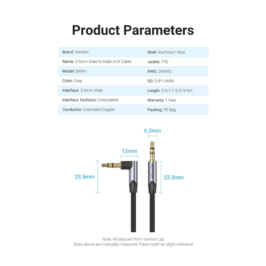 Vention 3.5mm Right Angle Male to 3.5mm Male 3-Meters Gold Plated (BAN) Audio Cable for Car Audio, Speakers, Amplifiers, Mobile Phones, Laptops (Available in Different Lengths)