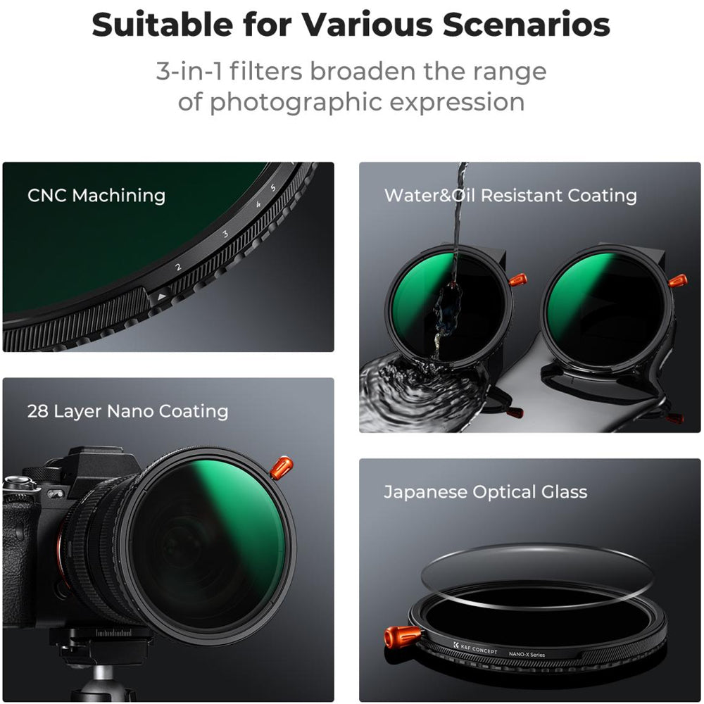 K&F Concept no-X Series 3-in-1 ND2-32 Neutral Density + CPL Circular Polarizer + 1/4 Black Diffusion Mist Lens Filter with 1 to 5 Stops, 28 Multi Layer Coated AGC Optical Glass, Water, Dust and Scratch Resistant
