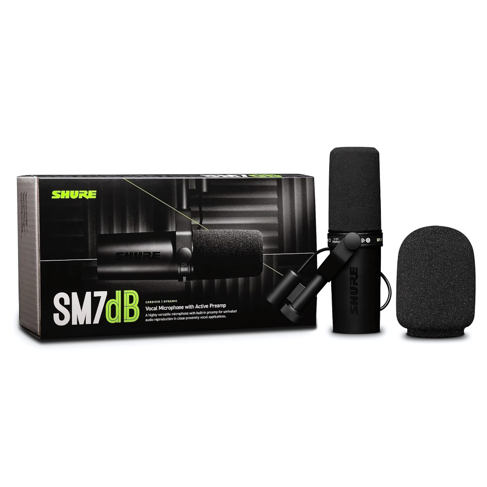Shure SM7dB Vocal Microphone with Built-In Preamp Dynamic Cardioid Mic for Podcasting, Broadcasting & Professional Voice-Over, Compatible with XLR Audio Interfaces & Mixers