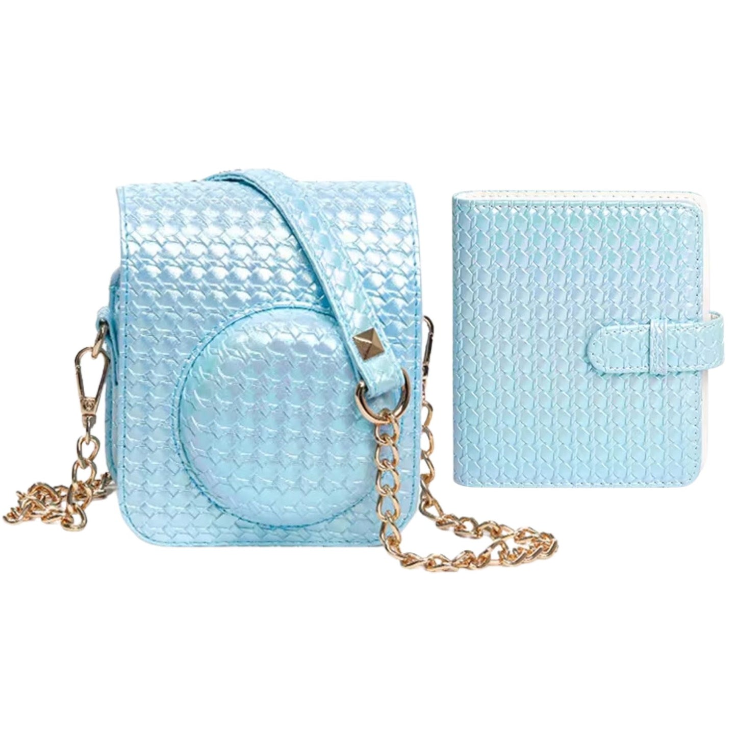 Pikxi Metallic Finish Basket Weave Pattern Photo Album and Case for FUJIFILM Instax Mini 12 Instant Film Camera - Available in Pastel Blue, Blossom Pink, White, Mint Green, Purple and Silver Colors