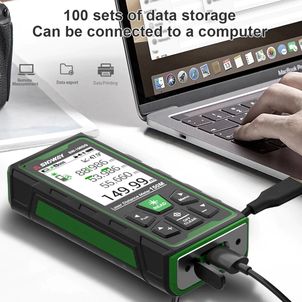 SNDWAY SW-150GQ Outdoor Green Beam Laser Distance Meter Digital Rangefinder with 3MP Camera, 150m Max Distance, IP68 Water and Dust Resistant, 2000mAh Rechargeable Battery, 90° Electronic Level Angle Sensor for Length Area Volume