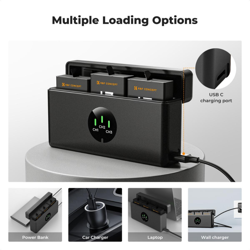 K&F Concept 3-Pack GoPro Hero 13 Action Camera Battery & Triple-Slot Charger Kit with 2100mAh Capacity, LED Light Indicator, USB-C Charging Cable & Port