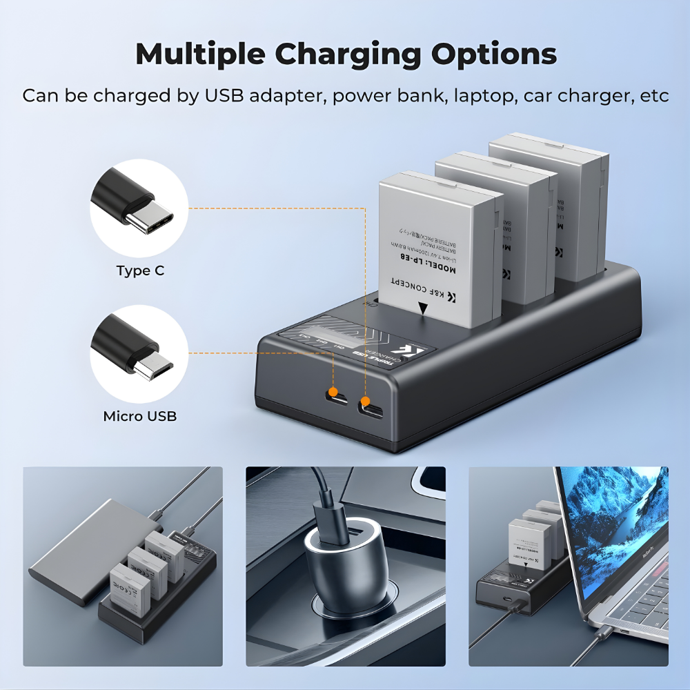 K&F Concept LP-E8 LPE8 (3-Pack) Batteries Triple Bay USB Charger Kit
