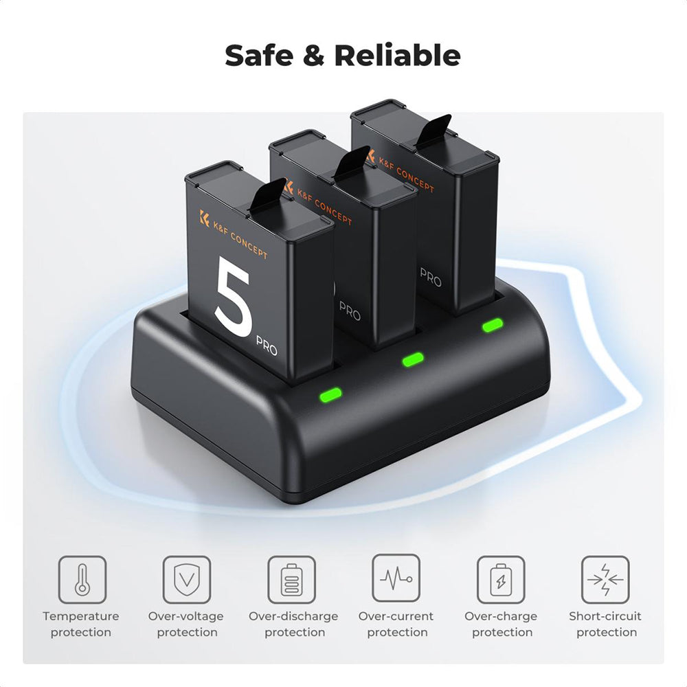K&F Concept 3-Pack DJI Osmo Action 5 Pro / 4 / 3 Camera Battery & Triple-Slot Charger Kit with 2100mAh Capacity, LED Light Indicator, USB-C Charging Cable & Port