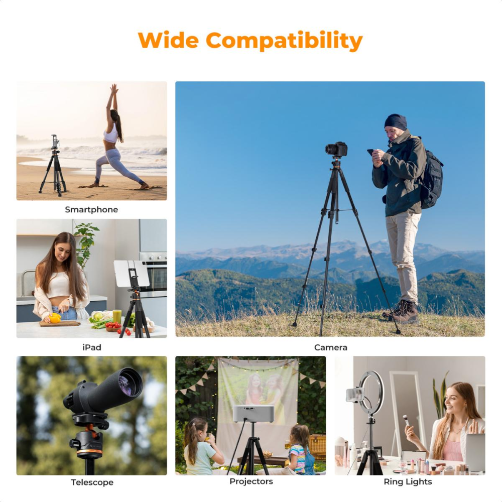 K&F Concept 173cm 3-Way Pan/Tilt Head Aluminum Tripod with 2-in-1 Tablet + Smartphone Holder & Bluetooth Remote, 360° Ball Head, Pentagol Tube Design for Cameras, Studio Lighting, Photography, Vlogging & Live Streaming