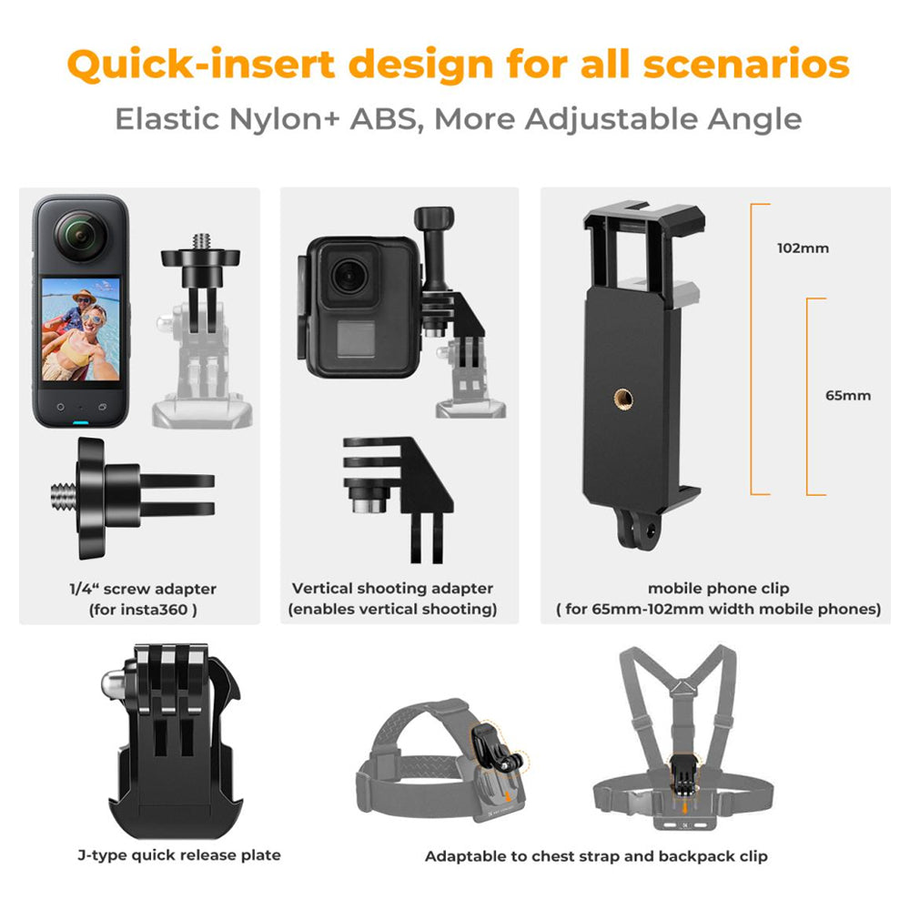 K&F Concept Head / Chest / Wrist Strap Mount Set Kit Bundle with 360° Rotation for Smartphones and GoPro DJI Insta360 Action Cameras - POV Point of View Recording, Hands-Free Vlogging, Video Content Creation | SKU-2289 SKU-2290