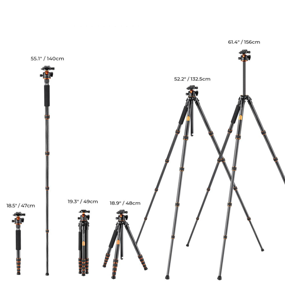 K&F Concept 360 Degree Ball Head 5-Section Carbon Fiber Tripod + Monopod with 15kg Max Load Capacity, 1.5m Max Height, 1/4" 3/8" Threaded Mounts for DSLR Mirrorless Cameras | A255C2+BH-36L