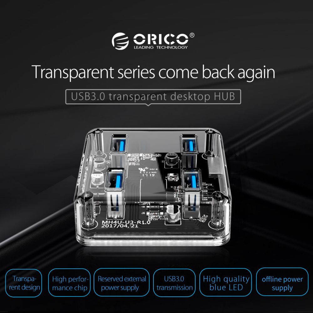 ORICO 4-Port USB 3.0 Transparent Hub with Power Supply, 5Gbps Speed, and Support for Windows, macOS, and Linux for PCs, Desktop Computers, and Laptops - USB Hubs and Docking Stations