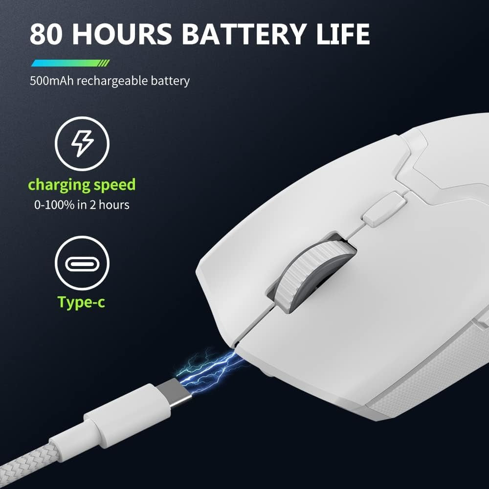 Delux M800 PRO USB Wired / 2.4GHz and Bluetooth Wireless Optical Gaming Mouse with 26000 DPI Resolution PAW 3395 Sensor, 6 Programmable Buttons, and Up to 70 Hours Battery for PC and Laptop Computers - White