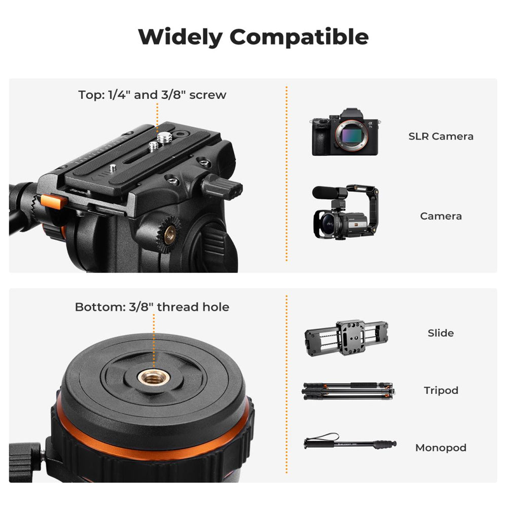 K&F Concept 360 Degree Fluid Head 3-Section Professiol Video Tripod with 10kg / 8kg Max Load Capacity, 1.9m Max Height, Hydraulic Dampening Panoramic / Tilt and 1/4" 3/8" Threaded Mounts for DSLR Mirrorless Cameras | VA3+BV10 VA3+BV20