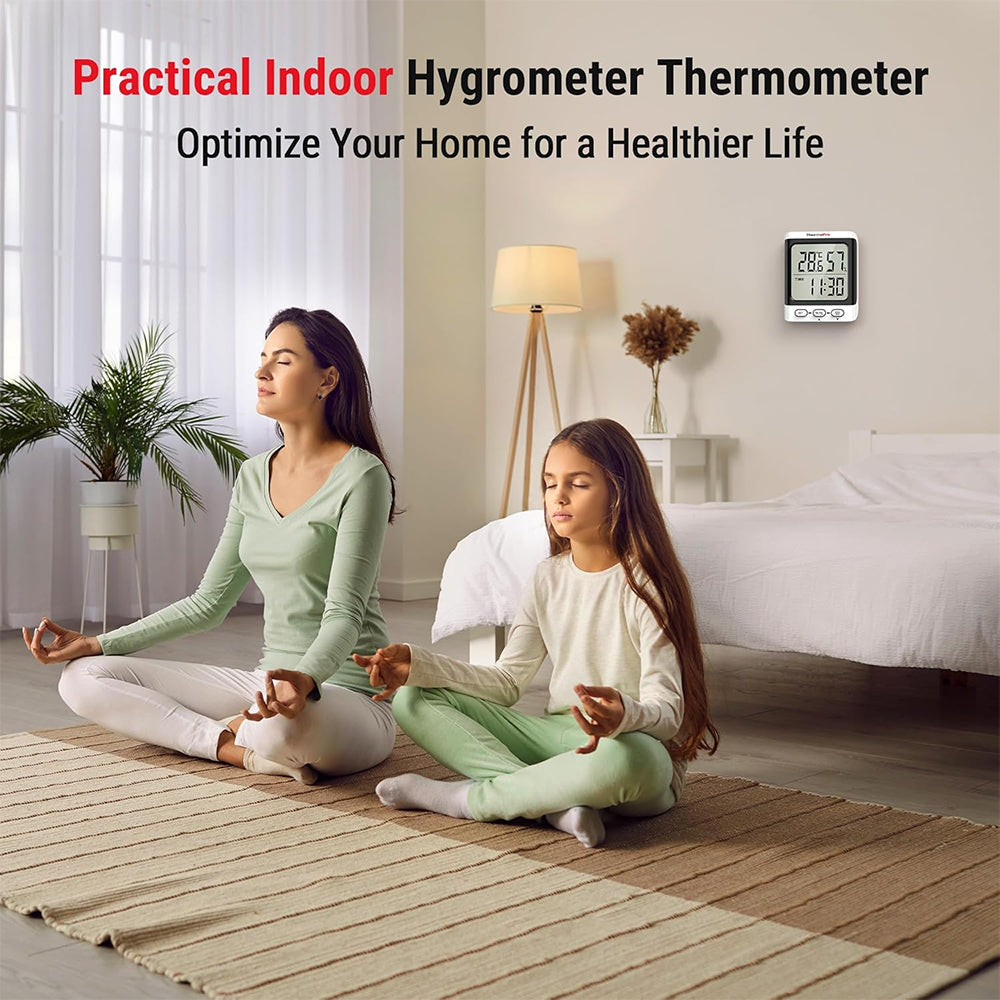 ThermoPro TP152 Indoor Hygrometer & Thermometer with Clock, Accurate Temperature & Humidity Monitor, Large LCD Display, Max/Min Records, for Living Room, Kitchen, Home, Office, Greenhouse, Baby Room and Wine Cellar