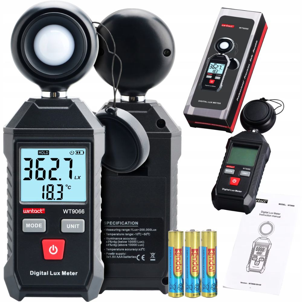 Wintact WT9066 Digital Lux Meter with Thermometer Light Level Meter (1~200000Lux) with LCD Backlight Display for Brightness, Illumition & Temperature Monitoring | Industrial, Architecture, Home Improvement, Photography & Videography