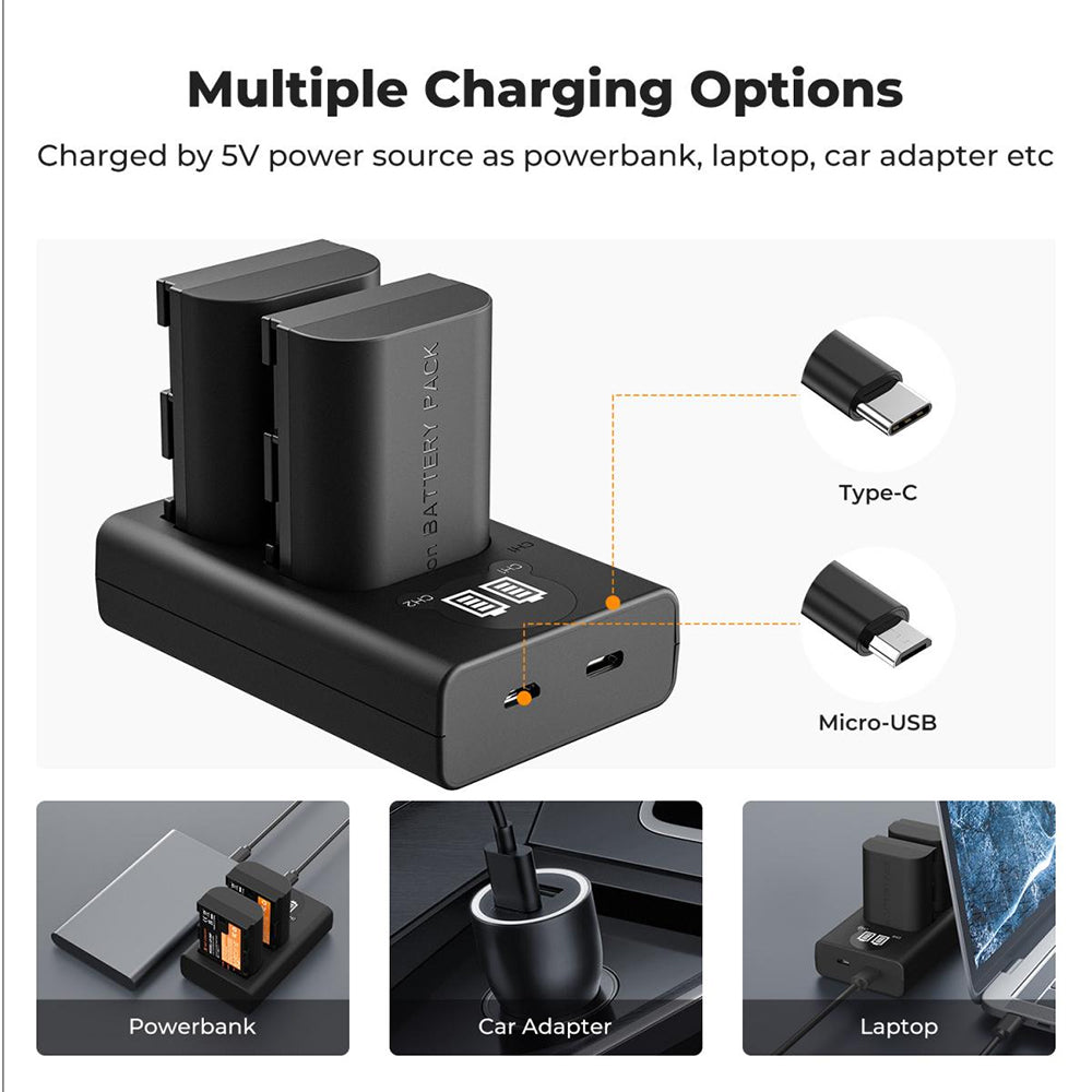 K&F Concept LP-E6P LPE6P Battery and Charger Kit with 2400mAh Capacity, Micro and USB-C Port for Canon EOS R5 II, R6 II, R7, R6, R5 Mirrorless / 90D, 80D, 70D, 60D, 5D IV, 5D III, 5D II, 5DS R, 6D II, 6D, 7D II, 7D DSLR Cameras