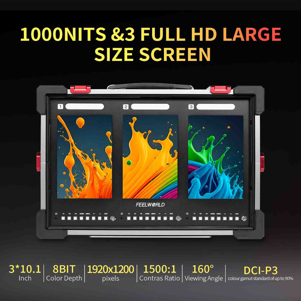 FEELWORLD PS101 Triple 10.1" IPS Vertical Screen Carry On LCD Video Monitor w/ HDR, 4K HDMI / 1080p 3G-SDI Input Output, 1000 Nits, Load Custom 3D LUTs, 3 Tally Sigl Lights, Full Programmable Buttons & V-Mount Battery Plate