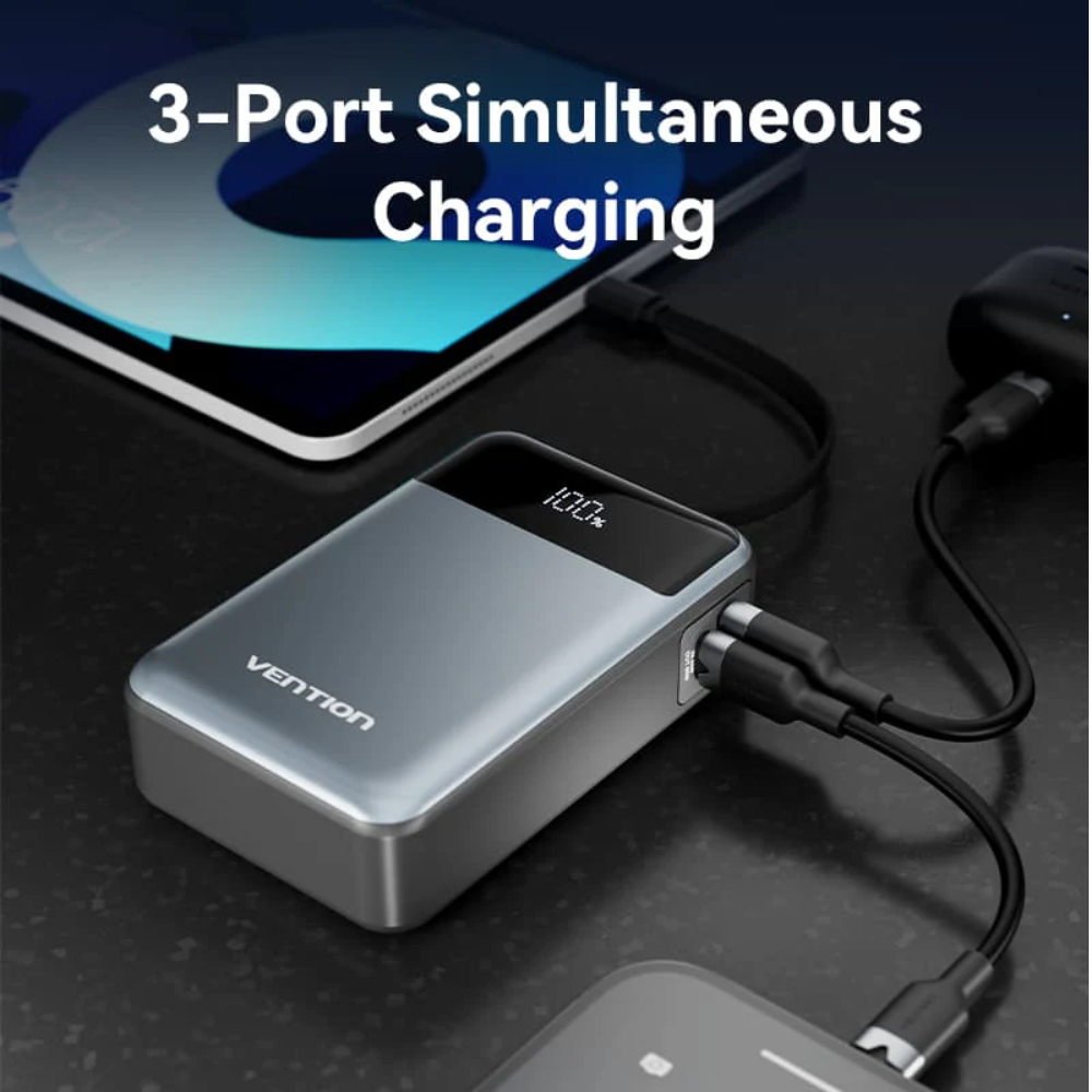 Vention 20000mAh 65W Fast Charging Power Bank with Built-in Cable, Lanyard Design, LED Digital Battery Display and Up to 3 Devicess