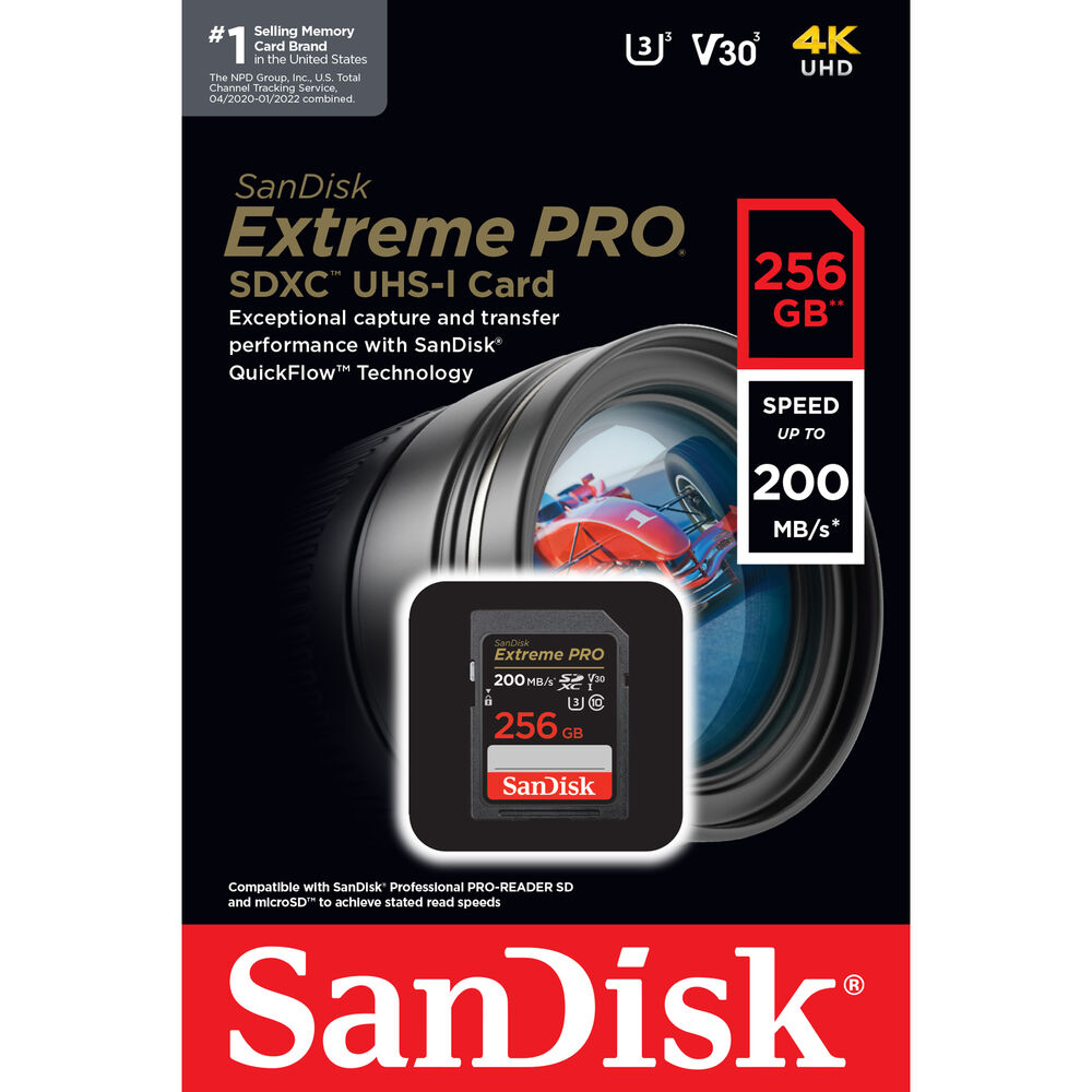 SanDisk Extreme Pro SD Card UHS-I SDXC Class 10 with 200MB/s Read Speed V30 (64GB, 128GB, 256GB)