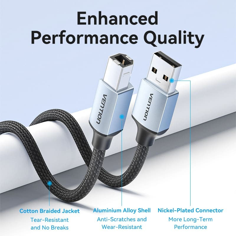 Vention USB 2.0 Male to B Male Printer Cable Gray Aluminum Alloy With All-in-One Devices, Printers, Scanners, Fax (CTT)
