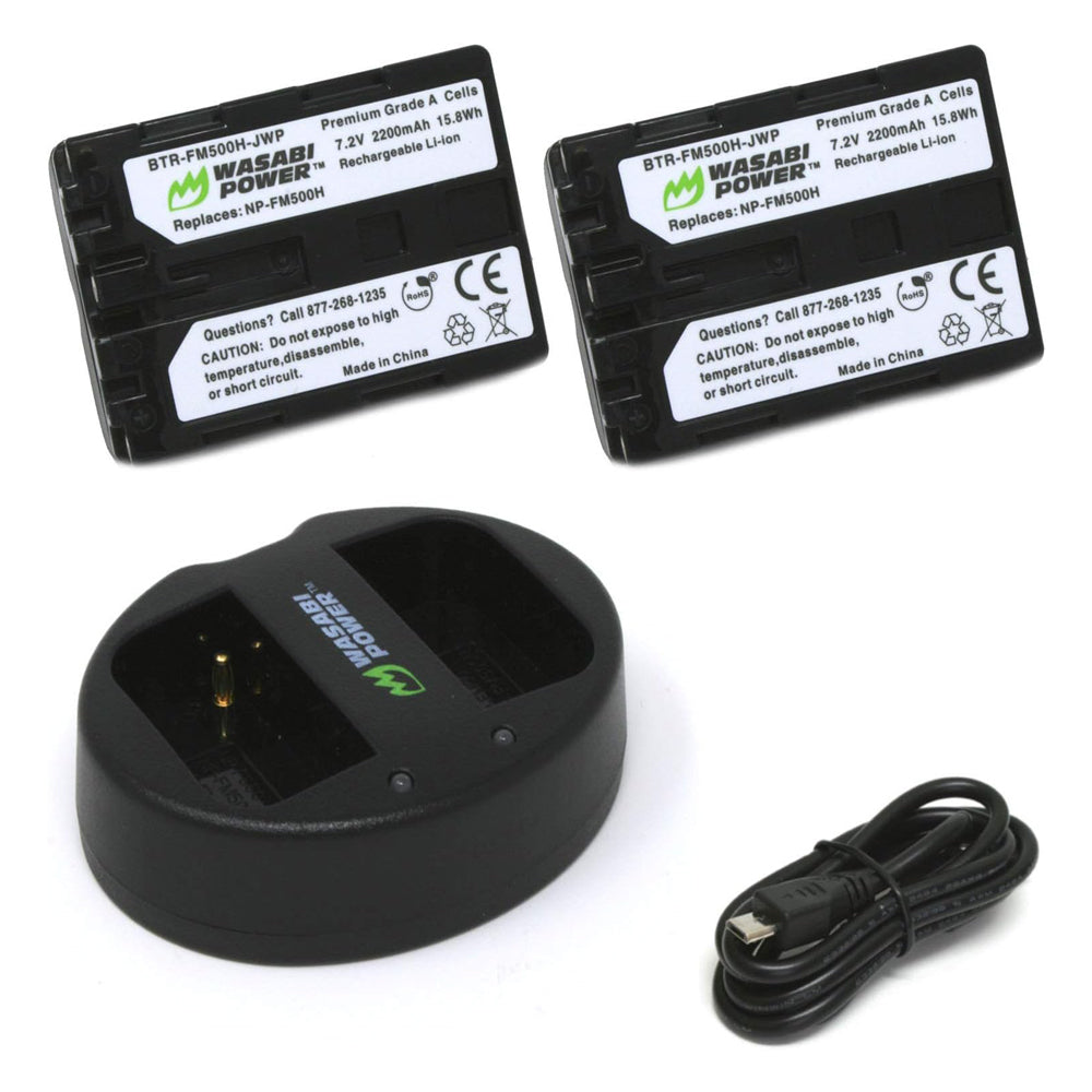 Wasabi Power NP-FM500MH (2 Pack) 7.2V 2200mAh Battery and Dual USB Charger Kit with Power Indicators for Sony Alpha a57 a58 a77 a99, DSLR-A100 DSLR-A200 DSLR-A500 DSLR-A700 DSLR-A900 Series DSLR Camera | JG Superstore
