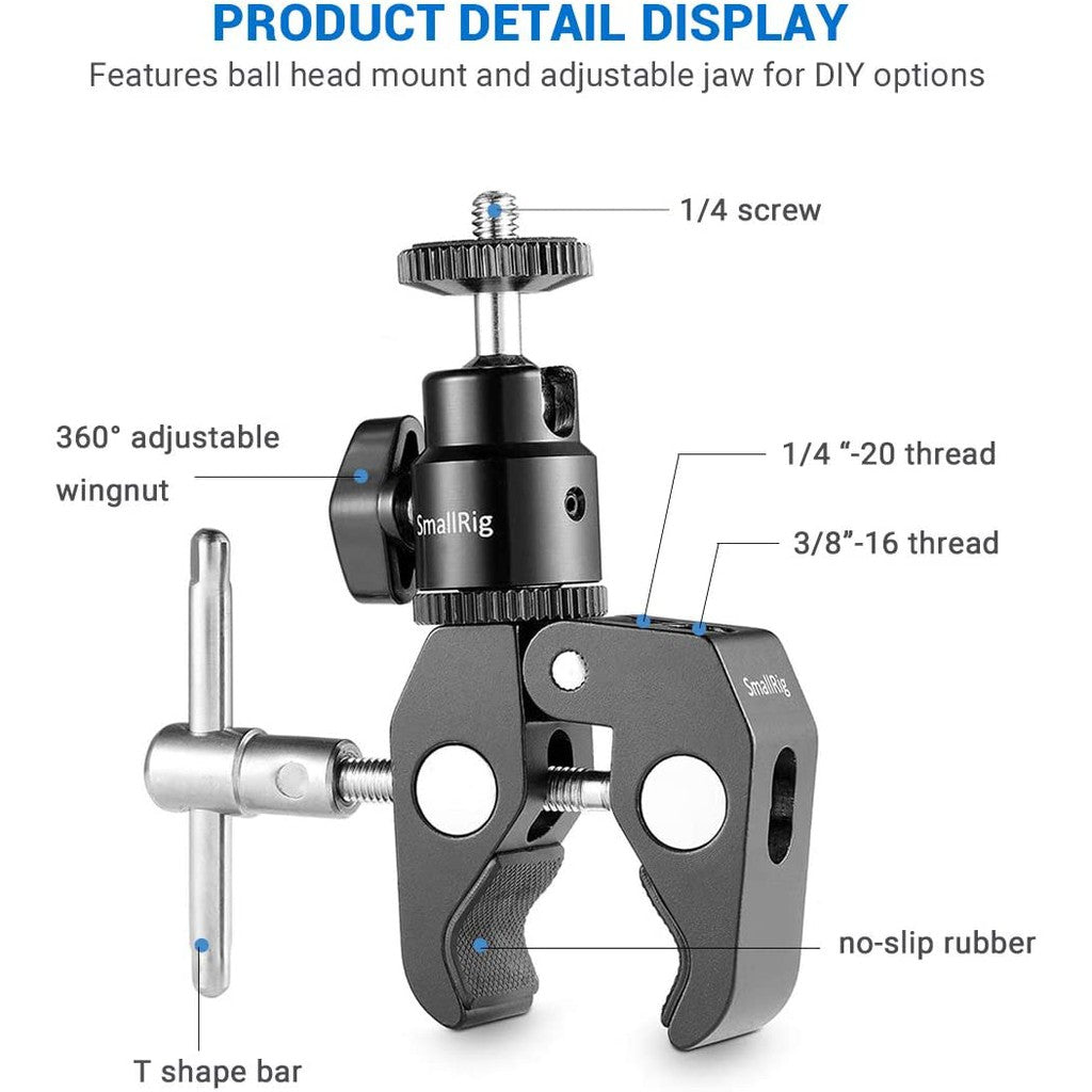 SmallRig Lightweight Aluminum Super Clamp Mount with 1/4Inch Screw Ball Head Mount 1124