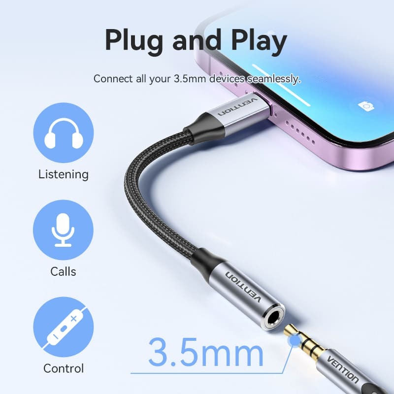 Vention iPh Male to 3.5mm Earphone Jack Adapter with Cotton Braided Exterior for Cars, Mobile