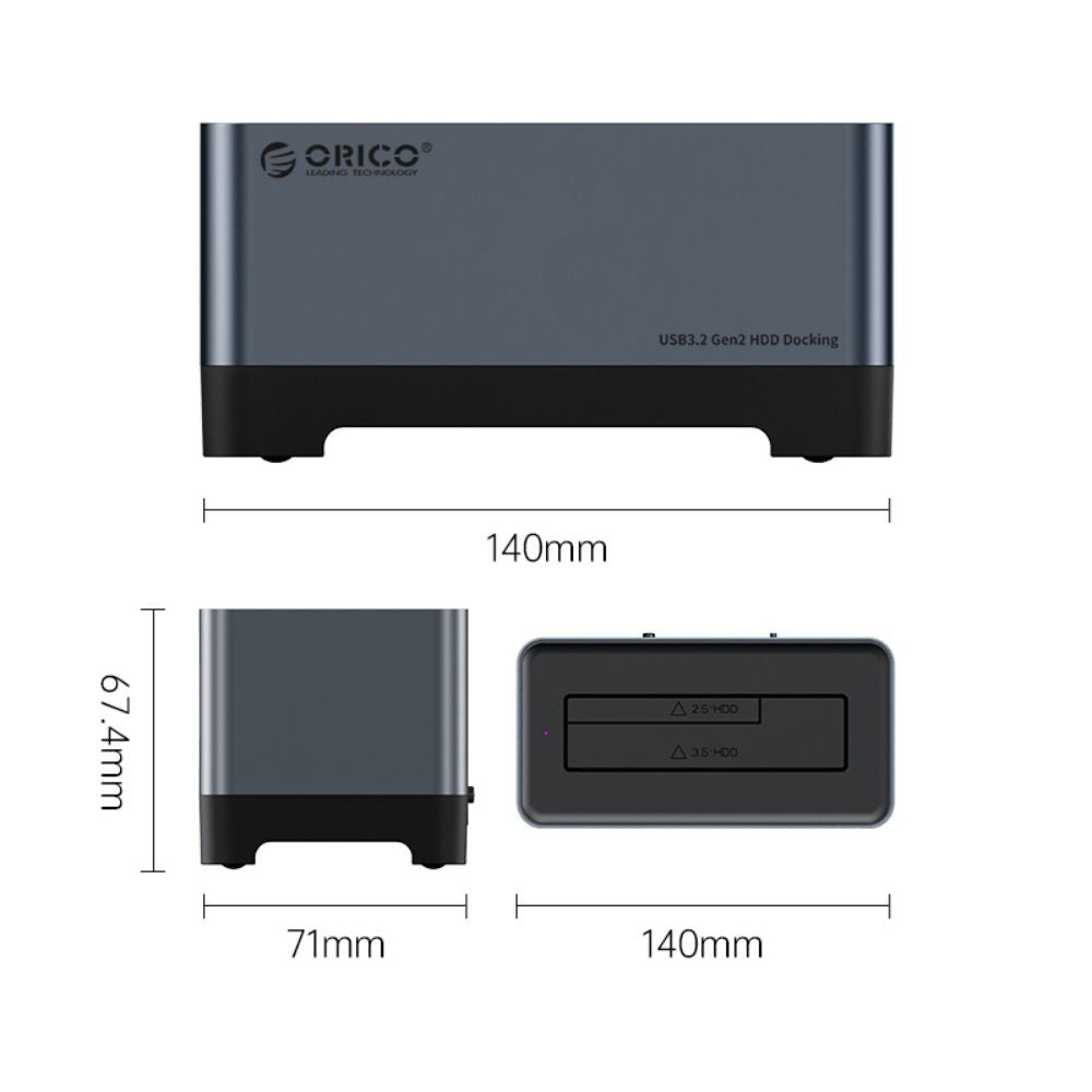 ORICO 2.5-3.5" SATA SSD/HDD to USB 3.2 Gen 2 Type-C RGB Hard Drive Docking Station with 10Gbps Transmission Rate, 18TB Supported Storage Per Bay, 2-in-1 Data Cable for Computer Desktops & Laptops (Windows, MacOS & Linux)