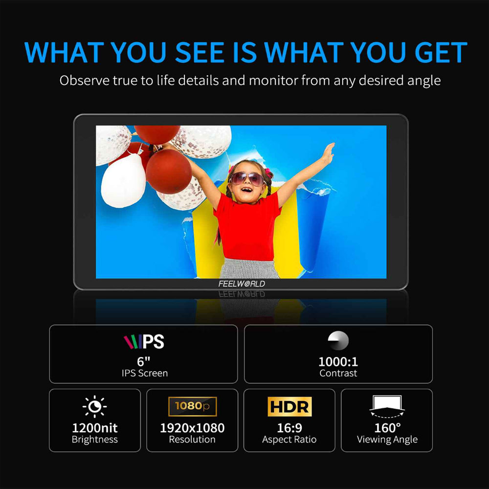 FEELWORLD P6XL 7" IPS On Camera LCD Touchscreen Video Monitor with 4K HDMI Input / Output, HDR, 1200 Nits High Brightness, Custom Load 3D LUTs, 3000mAh Built-in Rechargeable Battery for Videography