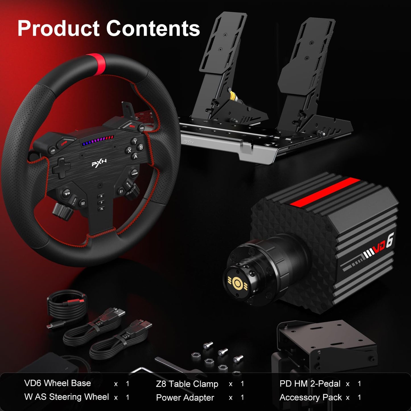 PXN VD6 & VD4 Direct Drive Sim Racing Wheel Bundle with High-Torque Servo Motor Base, Hall Sensor Pedals, Programmable Buttons, Quick Release Steering Wheel & SimRacing Software PC, PS4 / PS5 Pro, Xbox Series, Gaming Console Accessories