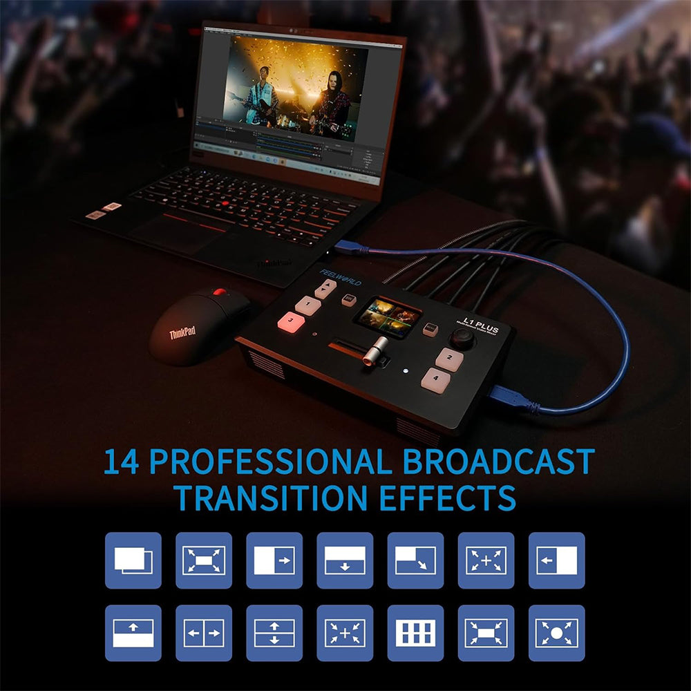 FEELWORLD L1 PLUS Multi-Camera Video Mixer Switcher with 4 HDMI Inputs, 4K 60Hz Support, 2" Touch Screen, PTZ Camera Joystick Control, USB 3.0 Interface, Audio Port, and RJ45 LAN Connection for Live Streaming, Broadcast, and Conferencing