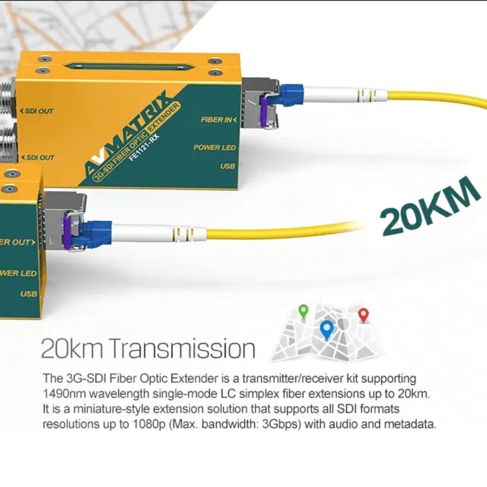 AVMatrix 12G-SDI Over SFP / LC Fiber Optics Range Extender Kit with 10 KM Transmission Distance, and Automatic Bandwidth Switching for Up to 4K 60Hz Resolution | FE1121-12G