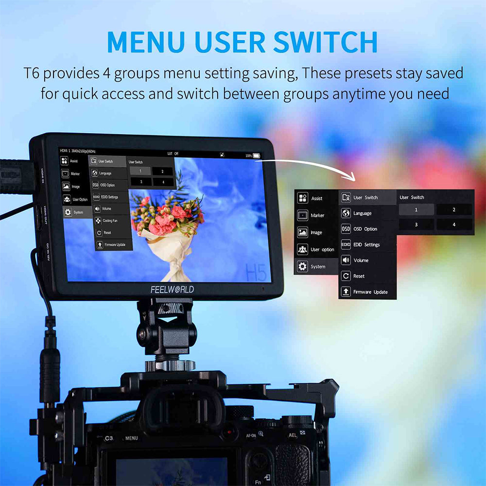 FEELWORLD T6 Camera Field Video Monitor 6" IPS with Aluminium Housing 4K HDMI Full HD, Aluminium Housing, 3D LUT, HDR, Waveform NP-F Battery Slot & Multiple Power Options