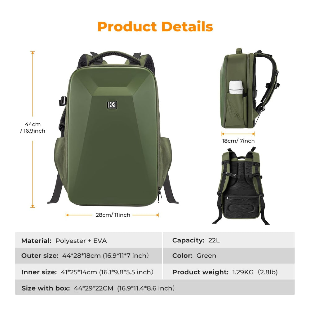 K&F Concept 22 Liters Waterproof HardShell Backpack Kpsack with Padded Dividers, fits 15.6" Laptop, Drone, Camera and Other Photography Accessories | Black, Grey, Khaki, Blue, Green