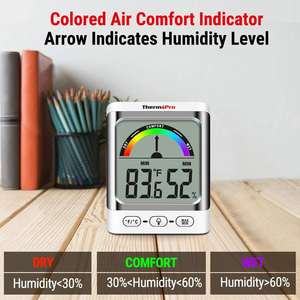 ThermoPro TP-52W TP52W Digital Hygrometer Indoor Thermometer Temperature and Humidity Gauge Monitor Indicator Room Thermometer with Backlight LCD Display Humidity Meter